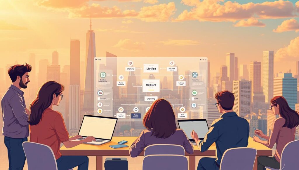 A vibrant, dynamic illustration showcasing the benefits of no-code development. In the foreground, a diverse team of professionals - designers, developers, and business analysts - collaboratively build a sleek, responsive web application using intuitive drag-and-drop interfaces and visual programming tools. The middle ground features a detailed schematic of the application's architecture, highlighting the seamless integration of various services and APIs. In the background, a cityscape backdrop symbolizes the rapid deployment and scalability enabled by no-code platforms, with towering skyscrapers and a vibrant skyline. The scene is bathed in warm, golden lighting, conveying a sense of productivity, innovation, and empowerment.