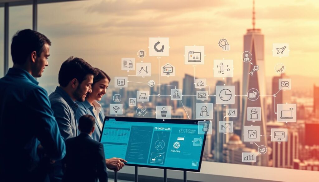 A vibrant, dynamic scene showcasing various use cases for no-code automation. In the foreground, a team of professionals collaborating on a digital dashboard, effortlessly automating workflows and streamlining processes. In the middle ground, a diverse array of business applications, from customer relationship management to project planning, seamlessly integrating with one another. The background depicts a cityscape, symbolizing the widespread adoption of no-code solutions across industries. Warm, soft lighting illuminates the scene, conveying a sense of productivity and innovation. The composition emphasizes the versatility and accessibility of no-code automation, inviting the viewer to envision its transformative potential. A vibrant, dynamic scene showcasing various use cases for no-code automation. In the foreground, a team of professionals collaborating on a digital dashboard, effortlessly automating workflows and streamlining processes. In the middle ground, a diverse array of business applications, from customer relationship management to project planning, seamlessly integrating with one another. The background depicts a cityscape, symbolizing the widespread adoption of no-code solutions across industries. Warm, soft lighting illuminates the scene, conveying a sense of productivity and innovation. The composition emphasizes the versatility and accessibility of no-code automation, inviting the viewer to envision its transformative potential.