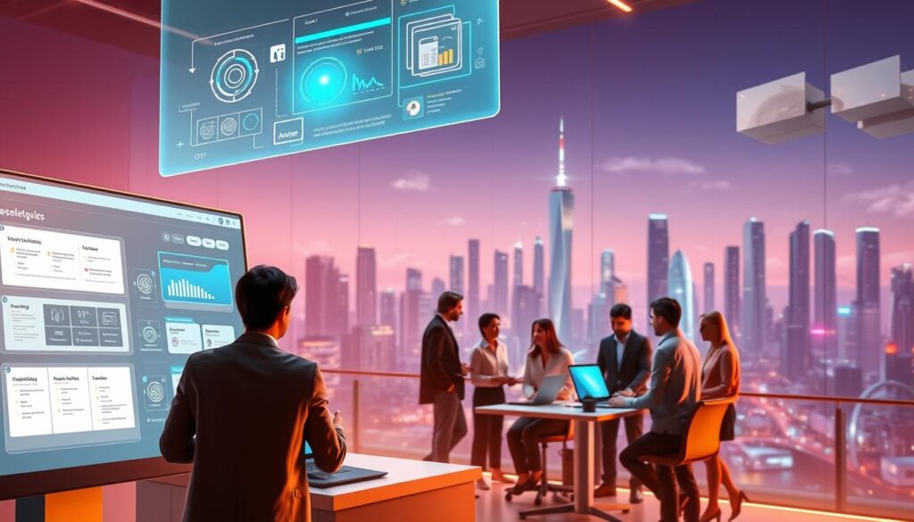 A vibrant, futuristic scene showcasing the power of low-code platforms. In the foreground, a sleek, minimalist interface with intuitive drag-and-drop elements and smooth transitions. Hovering above it, a holographic display highlighting the rapid development and deployment capabilities of these tools. The middle ground features a diverse array of team members, from seasoned developers to citizen automators, collaborating seamlessly on innovative projects. In the background, a cityscape of gleaming skyscrapers and a futuristic skyline, symbolizing the scalability and enterprise-readiness of low-code solutions. Warm, diffused lighting and a sense of dynamism and progress permeate the scene, inviting the viewer to envision the transformative potential of no-code automation.