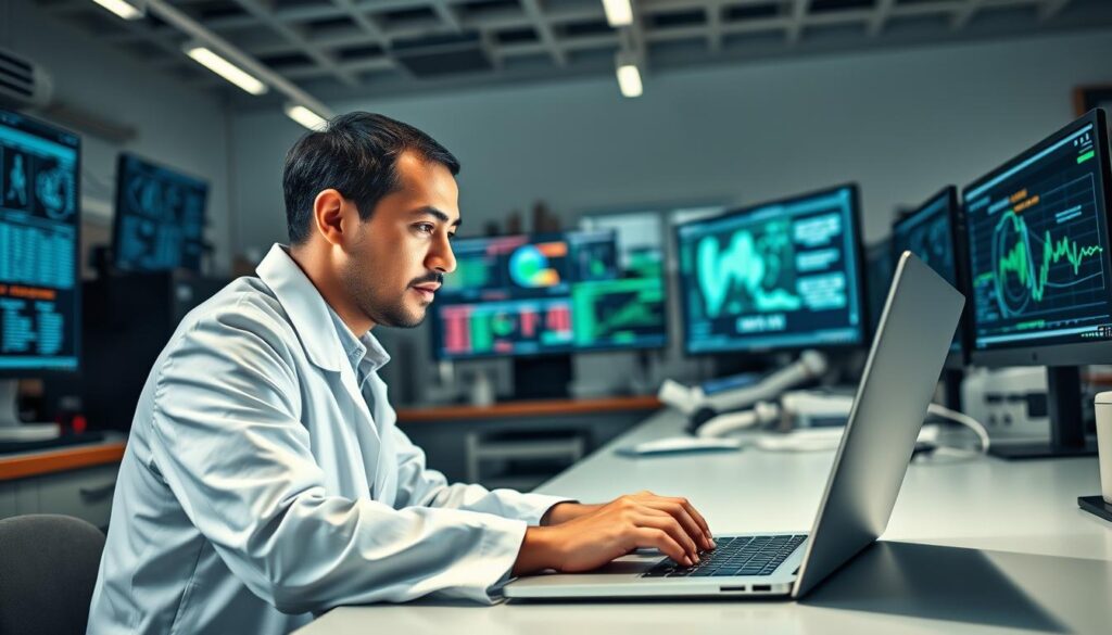 A vibrant, high-resolution image of a scientist in a white lab coat focused intently on a laptop screen, hands poised over the keyboard. The background is a modern, well-lit AI research lab with various scientific equipment and monitors displaying complex algorithms and data visualizations. Soft, directional lighting casts shadows that accentuate the researcher's features and the focus on the task at hand. The overall mood is one of deep concentration and dedication to the process of fine-tuning an AI model, reflecting the care and precision required in this crucial stage of AI development.