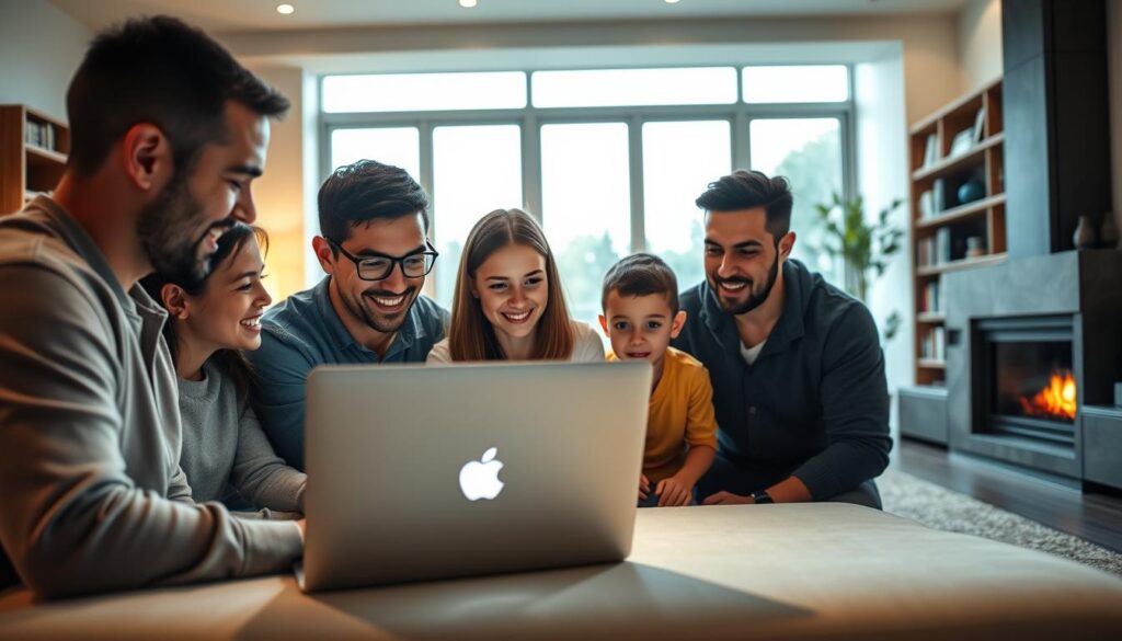 A vibrant, modern family home filled with warmth and togetherness. In the foreground, a group of people - parents, children, and friends - gathered around a laptop, their faces lit by the soft glow of the screen as they discuss the latest security features of their Dashlane Family & Friends account. The middle ground features a sleek, minimalist living room, with large windows allowing natural light to flood the space. In the background, a towering bookshelf and a cozy fireplace create a sense of comfort and security. The lighting is soft and diffused, creating a cozy, inviting atmosphere. The overall scene conveys a sense of trust, collaboration, and the importance of keeping one's digital life safe and secure.