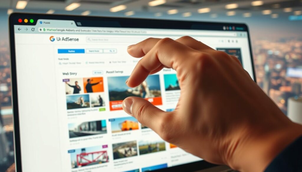 A vibrant web browser window, its center stage dominated by a prominent AdSense dashboard. In the foreground, a hand skillfully navigates the interface, adjusting ad placements and monitoring revenue streams. The mid-ground showcases various web story templates, each brimming with captivating visuals and engaging content. The background depicts a bustling digital landscape, with data visualizations and analytics charts illuminating the path to successful web story monetization. Soft, directional lighting casts a warm, inviting glow, while the camera angle suggests a birds-eye view, providing a comprehensive overview of the web story monetization process.