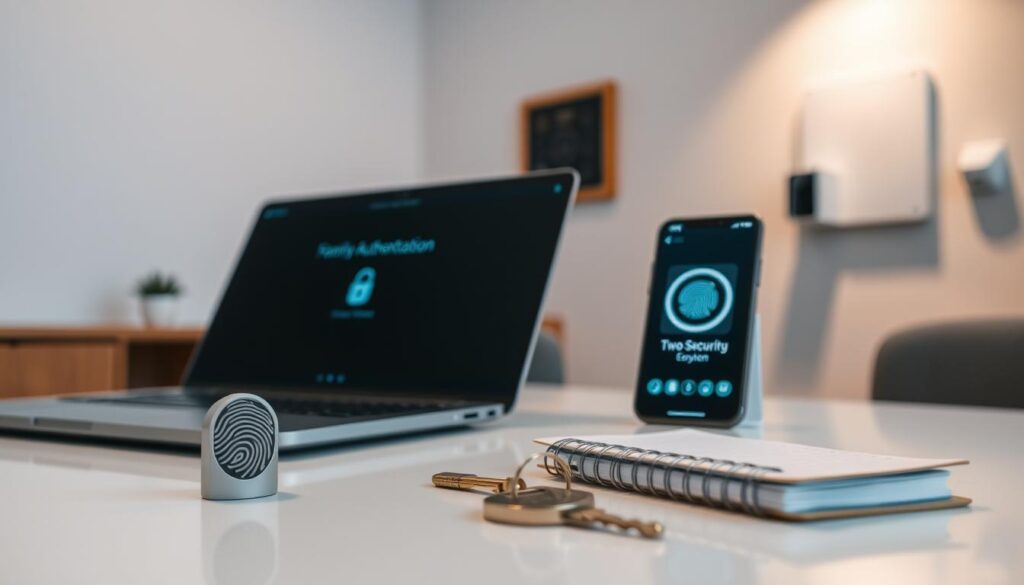 A well-lit, close-up scene showcasing a variety of family security features. In the foreground, a fingerprint sensor, a security key, and a password notebook are prominently displayed on a sleek, minimalist table. The middle ground features a laptop with a two-factor authentication screen, and a smartphone with a biometric unlock animation. In the background, a wall-mounted smart home security system panel is visible, along with a discreet home security camera. The overall atmosphere conveys a sense of digital safety and modern family protection, captured with a clean, technical aesthetic and gentle directional lighting.