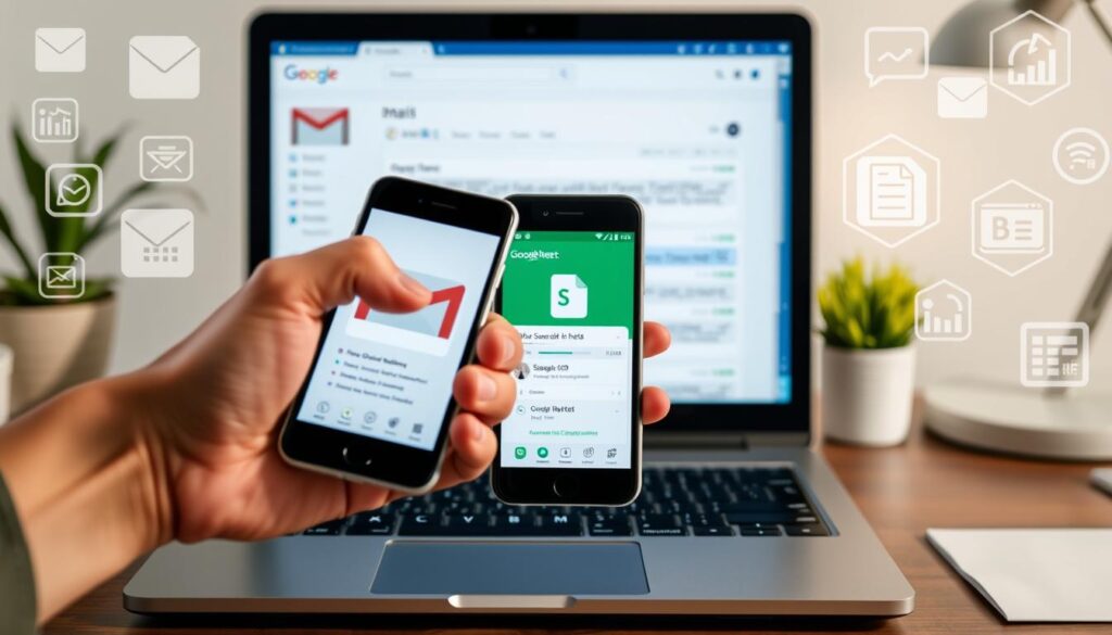 A well-lit office desk with a laptop displaying a Gmail inbox on the screen. In the foreground, a hand is holding a smartphone, with the Google Sheets app open, gesturing towards the laptop. The background features various productivity icons, such as calendars, charts, and automation tools, creating a sense of seamless workflow integration. The scene conveys efficiency, organization, and the benefits of automating the transfer of email data to a spreadsheet for enhanced productivity. A well-lit office desk with a laptop displaying a Gmail inbox on the screen. In the foreground, a hand is holding a smartphone, with the Google Sheets app open, gesturing towards the laptop. The background features various productivity icons, such as calendars, charts, and automation tools, creating a sense of seamless workflow integration. The scene conveys efficiency, organization, and the benefits of automating the transfer of email data to a spreadsheet for enhanced productivity.