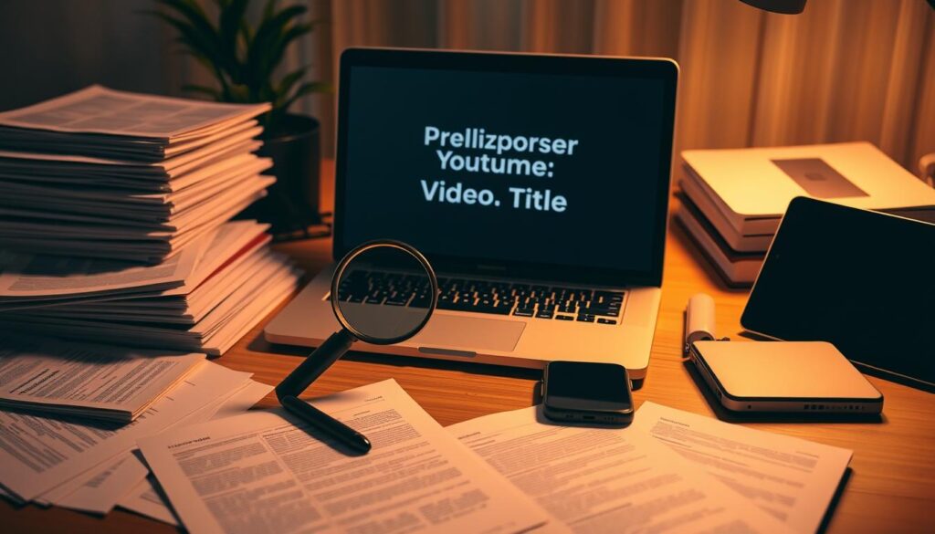 A well-lit office desk with a laptop, tablet, and smartphone arranged neatly. Stacks of video transcripts and notes on optimizing video titles surround the devices. A magnifying glass hovers over the laptop screen, highlighting the video title editing process. Warm, golden lighting illuminates the scene, creating a focused and productive atmosphere. The angles and composition draw the viewer's attention to the central task of optimizing video titles for YouTube SEO success. A well-lit office desk with a laptop, tablet, and smartphone arranged neatly. Stacks of video transcripts and notes on optimizing video titles surround the devices. A magnifying glass hovers over the laptop screen, highlighting the video title editing process. Warm, golden lighting illuminates the scene, creating a focused and productive atmosphere. The angles and composition draw the viewer's attention to the central task of optimizing video titles for YouTube SEO success.