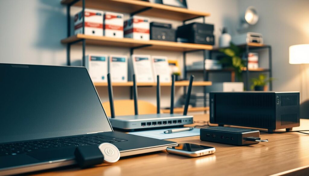 A well-lit office scene with a desk, computer, and various cybersecurity tools. In the foreground, a sleek laptop, a smartphone, and a USB security key. In the middle, a network router and a firewall device. In the background, shelves with backup drives, encryption software, and a wall-mounted security camera. The lighting is soft and warm, creating a professional, reassuring atmosphere. The overall composition conveys a sense of comprehensive digital protection for a small business.