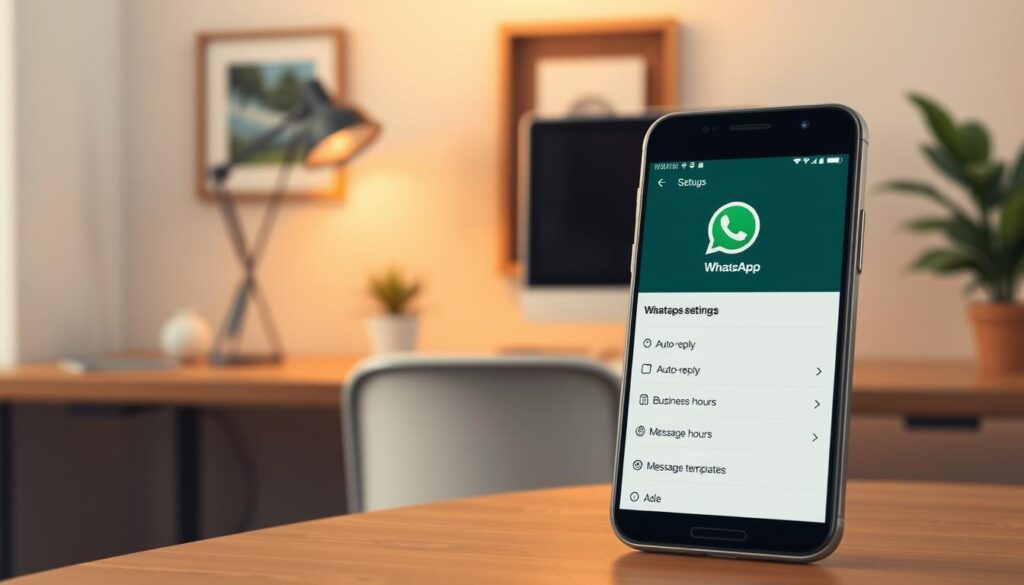 Detailed 3D render of the WhatsApp Business app setup screen, shot in a warm, natural lighting with a shallow depth of field. The foreground shows the app's main settings interface with options for auto-reply, business hours, and message templates. The middle ground depicts a smartphone device displaying the WhatsApp Business logo and app interface. The background showcases a minimalist office environment with a wooden desk, potted plant, and a framed artwork on the wall, creating a professional and productivity-focused atmosphere.