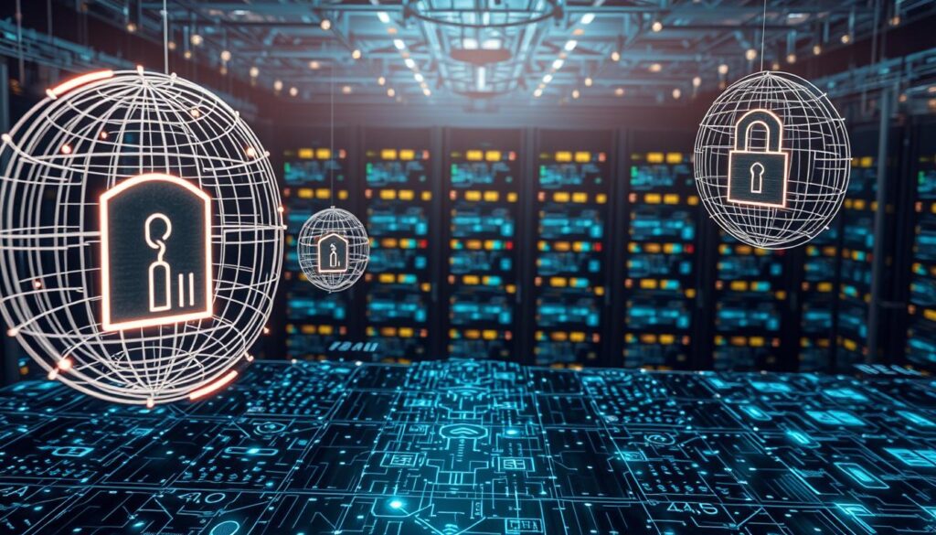 Detailed architectural schematics of encryption algorithms floating in a dimly lit, metallic-toned environment. In the foreground, elegant wireframe models of algorithms like AES, RSA, and SHA-256 rotate gracefully, their inner workings illuminated by a soft, ambient glow. In the middle ground, a complex matrix of cryptographic symbols and formulas projected onto holographic displays. In the background, a sprawling network of interconnected servers and data centers, their servers glowing with a subtle blue-green light, symbolizing the secure transmission and storage of sensitive information.