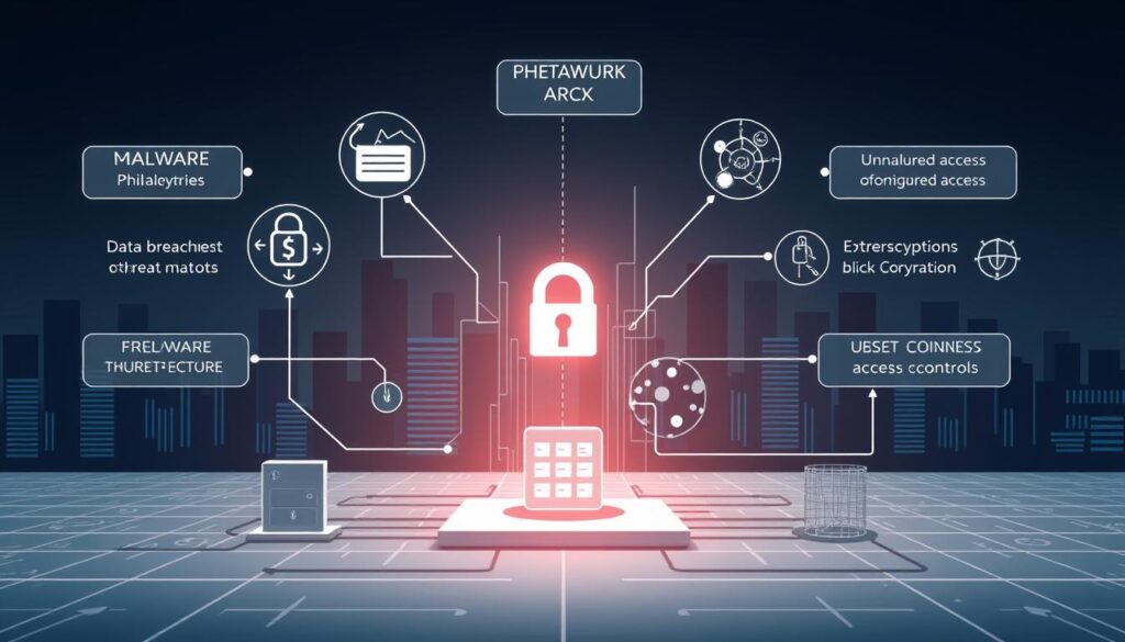 High-quality digital diagram illustrating common cyber threats and risks, rendered in a clean, technical style. Foreground depicts various threat vectors such as malware, phishing, data breaches, and unauthorized access, arranged in a structured manner. Middle ground shows a central network system or computing infrastructure, with protective cybersecurity measures like firewalls, encryption, and access controls. Background features a minimalist, futuristic cityscape with digital glyphs and data visualization elements, conveying the modern, interconnected nature of the cyber landscape. Rendered with precise, technical linework, muted color palette, and soft, directional lighting to emphasize the seriousness and importance of the subject matter.
