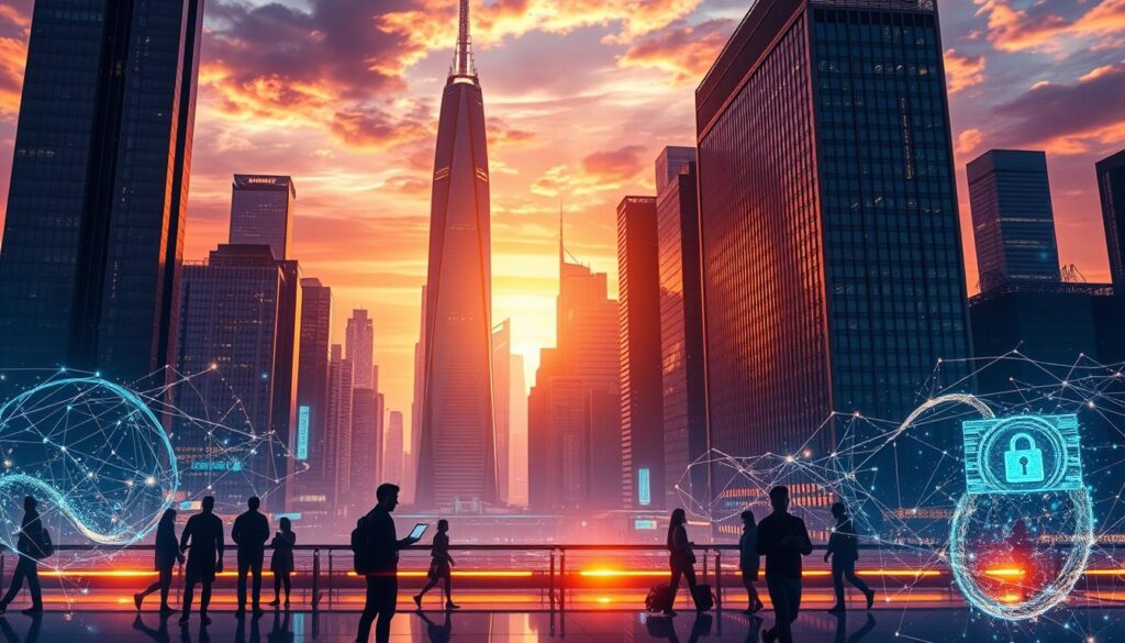 Imagine a futuristic cityscape, towering skyscrapers and sleek architectural designs illuminated by a warm, golden glow. In the foreground, a holographic display showcases advanced security protocols, encrypted data streams, and secure communication channels. Swirling digital particles and holograms represent the next generation of email encryption, safeguarding sensitive information. In the middle ground, silhouettes of people interact with their devices, seamlessly integrating these cutting-edge security measures into their daily lives. The background features a vibrant, dynamic skyline, hinting at the rapid technological advancements transforming the future of secure email communication. The scene should convey a sense of progress, innovation, and the unwavering commitment to protecting digital privacy.