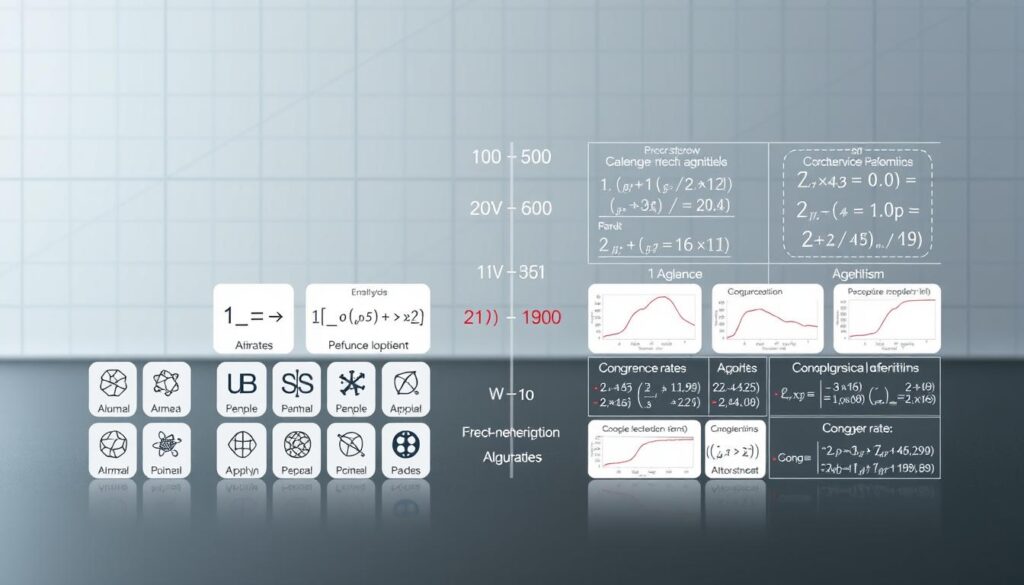 Optimization Algorithms Comparison: A Detailed Visualization A detailed side-by-side comparison of various optimization algorithms, presented in a clean and technical style. In the foreground, a grid of algorithm icons, each with its name and a symbolic representation. In the middle ground, a series of charts and graphs illustrating the performance metrics, convergence rates, and key characteristics of each algorithm. The background features a minimalist geometric grid, with subtle gradients and muted colors to create a professional, academic atmosphere. Lighting is soft and even, with a slight depth of field blur to focus attention on the central comparison elements. The overall composition conveys a sense of analytical rigor and scientific investigation.
