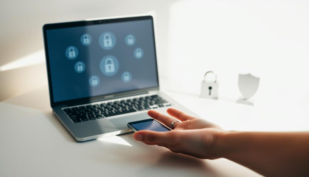 Pristine white background, a minimalist desktop setup with a laptop, smartphone, and digital security icons like a padlock, key, and shield. Soft, warm lighting from the side casts shadows, creating a sense of depth. In the foreground, a hand hovers over the devices, symbolizing personal control and decision-making around online privacy. The composition conveys a balanced, serene atmosphere, emphasizing the importance of responsible digital habits and proactive privacy measures. Pristine white background, a minimalist desktop setup with a laptop, smartphone, and digital security icons like a padlock, key, and shield. Soft, warm lighting from the side casts shadows, creating a sense of depth. In the foreground, a hand hovers over the devices, symbolizing personal control and decision-making around online privacy. The composition conveys a balanced, serene atmosphere, emphasizing the importance of responsible digital habits and proactive privacy measures.