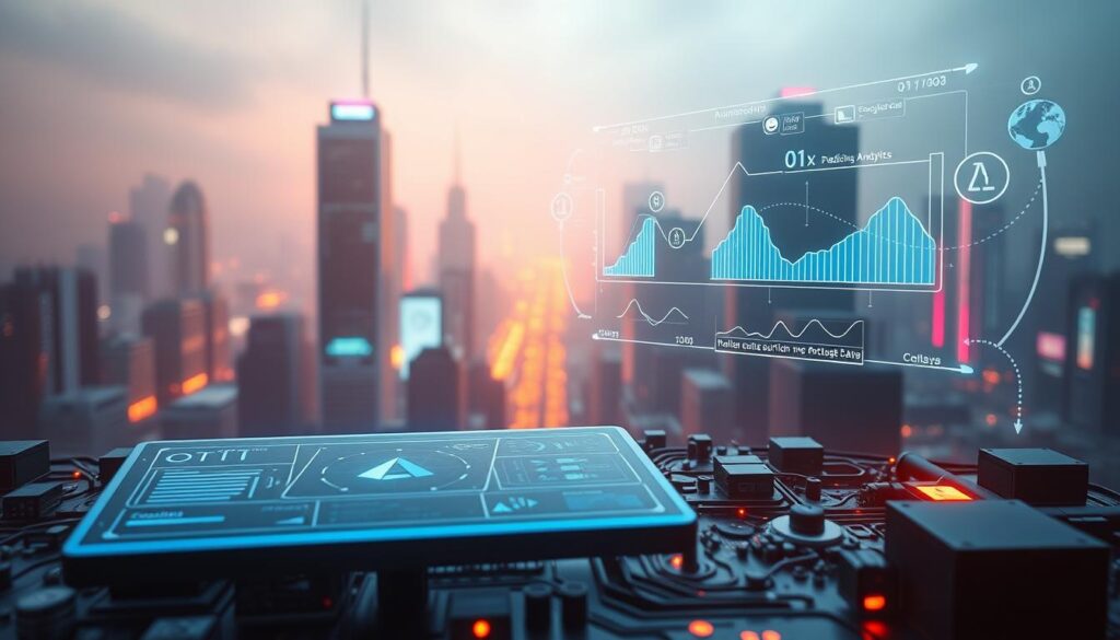 Prompt A futuristic scene depicting the role of AI in no-code automation. In the foreground, a sleek, minimalist user interface floats amidst a dynamic array of digital components, symbolizing the seamless integration of AI-powered workflows. In the middle ground, holographic data visualizations and predictive analytics models dance across the screen, optimizing processes in real-time. The background is a hazy, neon-lit cityscape, suggesting the ubiquity of AI-driven automation in the modern, connected world. Diffused lighting casts a warm, technological glow, and the camera angle is slightly elevated, conveying a sense of power and innovation. Prompt A futuristic scene depicting the role of AI in no-code automation. In the foreground, a sleek, minimalist user interface floats amidst a dynamic array of digital components, symbolizing the seamless integration of AI-powered workflows. In the middle ground, holographic data visualizations and predictive analytics models dance across the screen, optimizing processes in real-time. The background is a hazy, neon-lit cityscape, suggesting the ubiquity of AI-driven automation in the modern, connected world. Diffused lighting casts a warm, technological glow, and the camera angle is slightly elevated, conveying a sense of power and innovation.