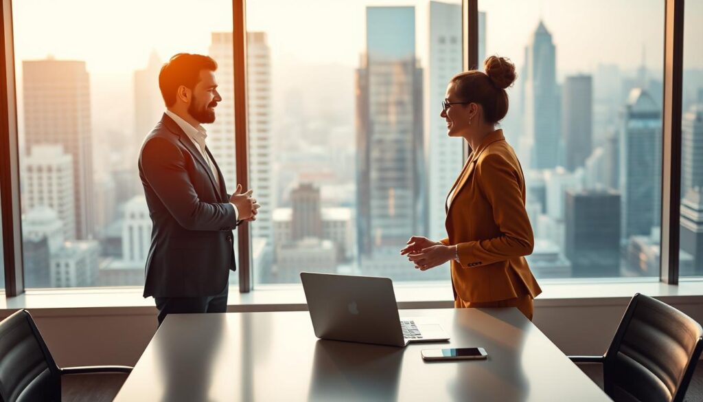 Prompt A modern office setting with a focus on relationship management. In the foreground, two professionals in business attire engaged in a friendly discussion, their body language conveying collaboration and understanding. The middle ground showcases a sleek, minimalist desk with a laptop, tablet, and smartphone, representing the digital tools used to streamline CRM processes. The background features floor-to-ceiling windows overlooking a bustling cityscape, bathed in warm, directional lighting that sets an atmosphere of productivity and professionalism. The overall scene conveys the importance of personalized customer interactions and the integration of technology to enhance relationship management in a dynamic business environment.