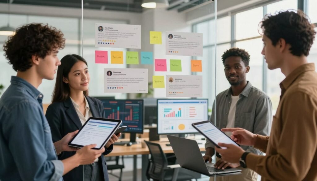 A balanced perspective on user experiences and reviews illustrated in a modern office setting. In the foreground, a diverse group of three professionals (two men and one woman) in smart casual attire engaged in a collaborative discussion, holding tablets and laptops. In the middle ground, snippets of user reviews and ratings visually represented as colorful sticky notes pinned to a glass board, creating an engaging texture. The background features a sleek workspace with computer monitors displaying graphs and feedback analytics, bathed in warm, natural light streaming through large windows. The atmosphere is dynamic yet inviting, evoking teamwork and open dialogue about software usability. A slight depth of field emphasizes the professionals while keeping the user reviews in sharp focus, highlighting the theme of collaboration and constructive feedback. A balanced perspective on user experiences and reviews illustrated in a modern office setting. In the foreground, a diverse group of three professionals (two men and one woman) in smart casual attire engaged in a collaborative discussion, holding tablets and laptops. In the middle ground, snippets of user reviews and ratings visually represented as colorful sticky notes pinned to a glass board, creating an engaging texture. The background features a sleek workspace with computer monitors displaying graphs and feedback analytics, bathed in warm, natural light streaming through large windows. The atmosphere is dynamic yet inviting, evoking teamwork and open dialogue about software usability. A slight depth of field emphasizes the professionals while keeping the user reviews in sharp focus, highlighting the theme of collaboration and constructive feedback.