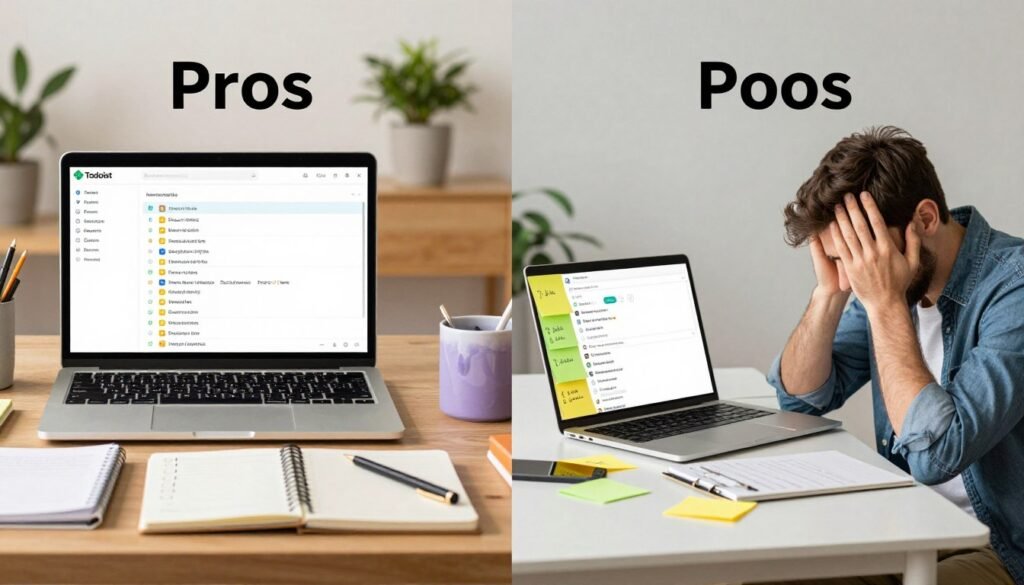 A balanced review of the Todoist task management app, visually represented as a split image. On the left side, depicting the pros: a vibrant and organized workspace with a laptop open to the Todoist interface showing colorful tasks, a notepad with clear checkmarks, and a relaxed professional in business attire smiling while working. On the right, the cons: a cluttered desk with sticky notes, an overflowing inbox on the laptop screen, and a slightly frustrated professional wearing casual clothing, resting their head on their hand. The background features a soft-focus of a modern office environment with warm, natural lighting, enhancing a productive yet realistic atmosphere. The overall mood conveys an honest assessment of productivity tools, encouraging viewers to reflect on their own task management strategies. A balanced review of the Todoist task management app, visually represented as a split image. On the left side, depicting the pros: a vibrant and organized workspace with a laptop open to the Todoist interface showing colorful tasks, a notepad with clear checkmarks, and a relaxed professional in business attire smiling while working. On the right, the cons: a cluttered desk with sticky notes, an overflowing inbox on the laptop screen, and a slightly frustrated professional wearing casual clothing, resting their head on their hand. The background features a soft-focus of a modern office environment with warm, natural lighting, enhancing a productive yet realistic atmosphere. The overall mood conveys an honest assessment of productivity tools, encouraging viewers to reflect on their own task management strategies.