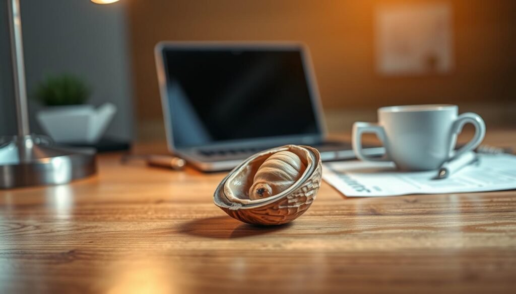 A beautifully detailed and realistic depiction of a single nutshell, split open to show the rich, textured insides, resting on a polished wooden desk. In the foreground, soft light shines from a stylish desk lamp, illuminating the contours of the shell and the delicate patterns within. In the middle ground, a blurred background showcases a sleek, modern workspace with a laptop, project management notes, and a cup of coffee, creating a professional atmosphere. The lighting is warm and inviting, emphasizing clarity and focus, suggesting productivity and diligence. The overall mood is one of organization and efficiency, reflecting the theme of task management and progress tracking. The composition is captured with a shallow depth of field, highlighting the nutshell while softly blurring the workspace elements behind it. A beautifully detailed and realistic depiction of a single nutshell, split open to show the rich, textured insides, resting on a polished wooden desk. In the foreground, soft light shines from a stylish desk lamp, illuminating the contours of the shell and the delicate patterns within. In the middle ground, a blurred background showcases a sleek, modern workspace with a laptop, project management notes, and a cup of coffee, creating a professional atmosphere. The lighting is warm and inviting, emphasizing clarity and focus, suggesting productivity and diligence. The overall mood is one of organization and efficiency, reflecting the theme of task management and progress tracking. The composition is captured with a shallow depth of field, highlighting the nutshell while softly blurring the workspace elements behind it.