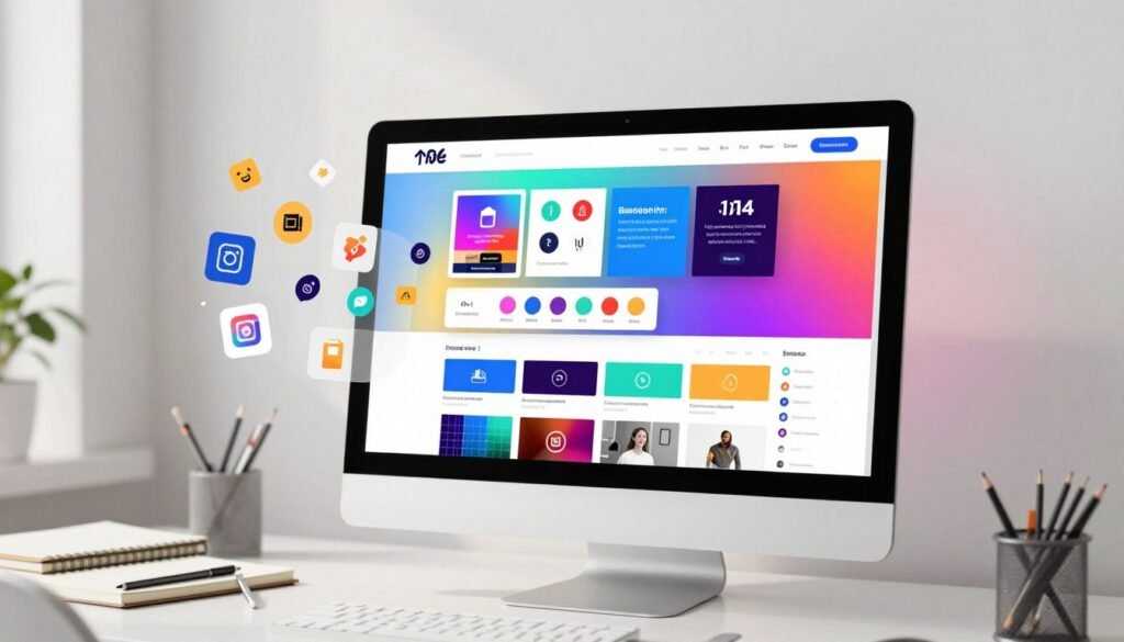 A bright and modern online design platform mockup showcasing a sleek, user-friendly interface. In the foreground, a desktop screen displays a vibrant dashboard filled with colorful templates and design assets, highlighting a variety of categories such as logos, social media graphics, and merchandise. In the middle layer, various design elements such as icons, grids, and palettes pour out, illustrating the creative possibilities. The background features a clean workspace with minimalistic decor, soft lighting to evoke a professional yet inviting atmosphere. A subtle glow from the screen casts light on a nearby sketchbook and design tools neatly arranged on the desk. The overall mood is inspiring and motivating, perfect for a digital creative environment. A bright and modern online design platform mockup showcasing a sleek, user-friendly interface. In the foreground, a desktop screen displays a vibrant dashboard filled with colorful templates and design assets, highlighting a variety of categories such as logos, social media graphics, and merchandise. In the middle layer, various design elements such as icons, grids, and palettes pour out, illustrating the creative possibilities. The background features a clean workspace with minimalistic decor, soft lighting to evoke a professional yet inviting atmosphere. A subtle glow from the screen casts light on a nearby sketchbook and design tools neatly arranged on the desk. The overall mood is inspiring and motivating, perfect for a digital creative environment.