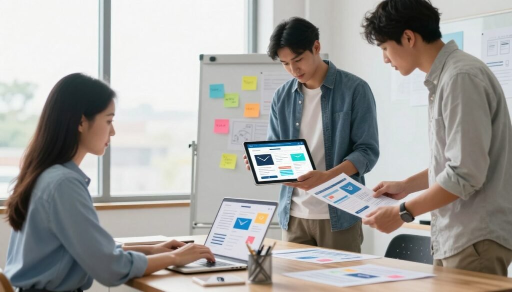A bright and modern workspace scene depicting a diverse group of three professionals—one woman and two men—collaborating on creating email campaigns. In the foreground, the woman types on a laptop, while one man shows design elements on a large tablet, and the other reviews a printed email mockup. The middle ground features colorful sticky notes and sketches pinned to a whiteboard, illustrating ideas and themes for campaigns. The background includes a large window allowing soft, natural light to illuminate the space, creating an inviting atmosphere. The professionals are dressed in smart business casual attire, and the overall mood is creative and dynamic, emphasizing teamwork and innovation in email marketing design. A bright and modern workspace scene depicting a diverse group of three professionals—one woman and two men—collaborating on creating email campaigns. In the foreground, the woman types on a laptop, while one man shows design elements on a large tablet, and the other reviews a printed email mockup. The middle ground features colorful sticky notes and sketches pinned to a whiteboard, illustrating ideas and themes for campaigns. The background includes a large window allowing soft, natural light to illuminate the space, creating an inviting atmosphere. The professionals are dressed in smart business casual attire, and the overall mood is creative and dynamic, emphasizing teamwork and innovation in email marketing design.