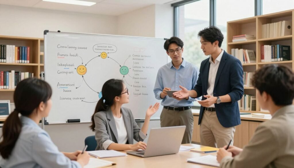 A bright, modern university classroom focused on language learning studies. In the foreground, a diverse group of three students, a young woman with glasses in casual professional attire, and two gentlemen dressed in smart business casual, engage in a collaborative language exercise, animatedly discussing vocabulary. The middle ground features a large whiteboard with colorful diagrams and charts illustrating language acquisition processes and learning strategies. The background includes shelves filled with books on linguistics and foreign language materials, and a large window letting in warm, natural light to create an inviting atmosphere. The scene captures a sense of enthusiasm and academic engagement, highlighting the effectiveness of modern language learning techniques in an educational setting. A bright, modern university classroom focused on language learning studies. In the foreground, a diverse group of three students, a young woman with glasses in casual professional attire, and two gentlemen dressed in smart business casual, engage in a collaborative language exercise, animatedly discussing vocabulary. The middle ground features a large whiteboard with colorful diagrams and charts illustrating language acquisition processes and learning strategies. The background includes shelves filled with books on linguistics and foreign language materials, and a large window letting in warm, natural light to create an inviting atmosphere. The scene captures a sense of enthusiasm and academic engagement, highlighting the effectiveness of modern language learning techniques in an educational setting.