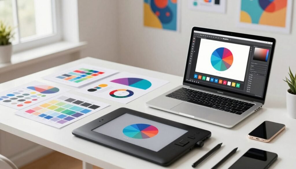 A clean and modern workspace showcasing an array of vector design tools in the foreground, including digital drawing tablets, styluses, and a laptop displaying the Amadine graphic design software interface. The middle ground features a stylish desk with neatly arranged vector graphics, color palettes, and design sketches, all highlighted by soft, natural lighting coming from a nearby window. In the background, bright, colorful artwork and design inspiration are subtly displayed on the walls. The mood is creative and inspiring, conveying a sense of productivity and artistic flow. The scene is captured from a slightly elevated angle, emphasizing the tools and workspace, ensuring a professional and organized atmosphere. A clean and modern workspace showcasing an array of vector design tools in the foreground, including digital drawing tablets, styluses, and a laptop displaying the Amadine graphic design software interface. The middle ground features a stylish desk with neatly arranged vector graphics, color palettes, and design sketches, all highlighted by soft, natural lighting coming from a nearby window. In the background, bright, colorful artwork and design inspiration are subtly displayed on the walls. The mood is creative and inspiring, conveying a sense of productivity and artistic flow. The scene is captured from a slightly elevated angle, emphasizing the tools and workspace, ensuring a professional and organized atmosphere.