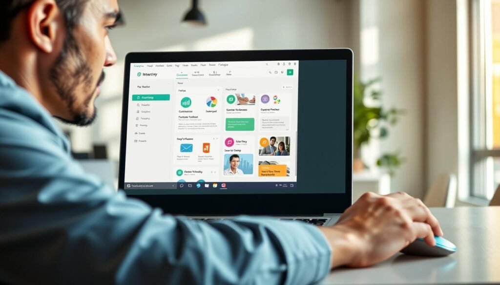 A clean, intuitive interface of an email marketing platform displayed on a sleek laptop screen. In the foreground, a user with a focused expression interacts with the screen using a modern sleek mouse. The middle ground showcases vibrant, user-friendly icons and well-organized sections of the platform, reflecting efficiency and ease of navigation. In the background, a softly lit modern office environment enhances a productive atmosphere, with light filtering through a large window casting gentle shadows. The color palette is bright and inviting, with greens and blues prominently featured, creating an uplifting mood. Soft focus on the background emphasizes the clarity and simplicity of the interface, while the overall composition suggests a seamless user experience. A clean, intuitive interface of an email marketing platform displayed on a sleek laptop screen. In the foreground, a user with a focused expression interacts with the screen using a modern sleek mouse. The middle ground showcases vibrant, user-friendly icons and well-organized sections of the platform, reflecting efficiency and ease of navigation. In the background, a softly lit modern office environment enhances a productive atmosphere, with light filtering through a large window casting gentle shadows. The color palette is bright and inviting, with greens and blues prominently featured, creating an uplifting mood. Soft focus on the background emphasizes the clarity and simplicity of the interface, while the overall composition suggests a seamless user experience.