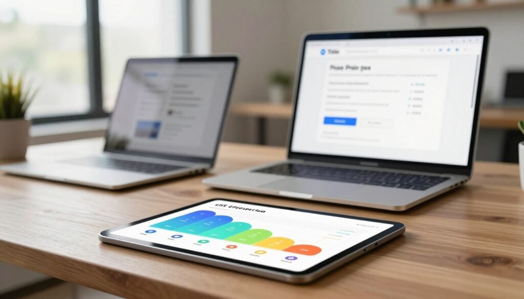 A clean, modern workspace featuring a sleek digital interface displaying various pricing plans for a live chat service. In the foreground, a tablet rests on a wooden desk, showcasing a colorful chart of pricing tiers from 'Free' to 'Enterprise', designed with eye-catching icons and features. The middle section includes a blurred laptop open with the Tidio website visible, hinting at e-commerce elements. In the background, soft natural light filters through a large window, illuminating the space and creating a welcoming atmosphere. The mood is professional and optimistic, ideal for a business setting. Use a wide-angle lens to capture the sense of openness and functionality, ensuring no text overlays or branding are included. A clean, modern workspace featuring a sleek digital interface displaying various pricing plans for a live chat service. In the foreground, a tablet rests on a wooden desk, showcasing a colorful chart of pricing tiers from 'Free' to 'Enterprise', designed with eye-catching icons and features. The middle section includes a blurred laptop open with the Tidio website visible, hinting at e-commerce elements. In the background, soft natural light filters through a large window, illuminating the space and creating a welcoming atmosphere. The mood is professional and optimistic, ideal for a business setting. Use a wide-angle lens to capture the sense of openness and functionality, ensuring no text overlays or branding are included.