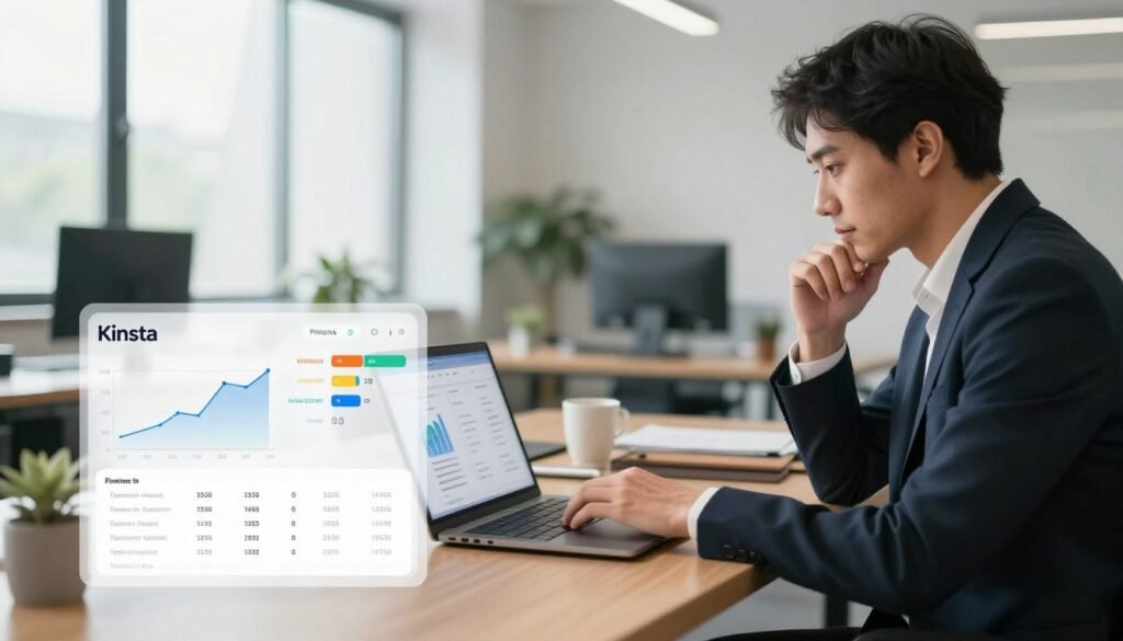 A clean, modern workspace setting where a professional individual is analyzing Kinsta's pricing plans on a sleek laptop. In the foreground, a semi-transparent overlay displays visible elements like graphs, charts, and numerical data related to various pricing tiers and features of Kinsta’s hosting plans. The middle ground features the individual, dressed in professional business attire, focused on the computer screen, with a thoughtful expression. In the background, a stylish office environment with soft, natural lighting streaming through large windows, giving a bright and inviting atmosphere. The image should emphasize clarity and organization, evoking a mood of analysis and professionalism. Use a wide-angle lens for depth and a slight vignette to draw attention to the subject. A clean, modern workspace setting where a professional individual is analyzing Kinsta's pricing plans on a sleek laptop. In the foreground, a semi-transparent overlay displays visible elements like graphs, charts, and numerical data related to various pricing tiers and features of Kinsta’s hosting plans. The middle ground features the individual, dressed in professional business attire, focused on the computer screen, with a thoughtful expression. In the background, a stylish office environment with soft, natural lighting streaming through large windows, giving a bright and inviting atmosphere. The image should emphasize clarity and organization, evoking a mood of analysis and professionalism. Use a wide-angle lens for depth and a slight vignette to draw attention to the subject.