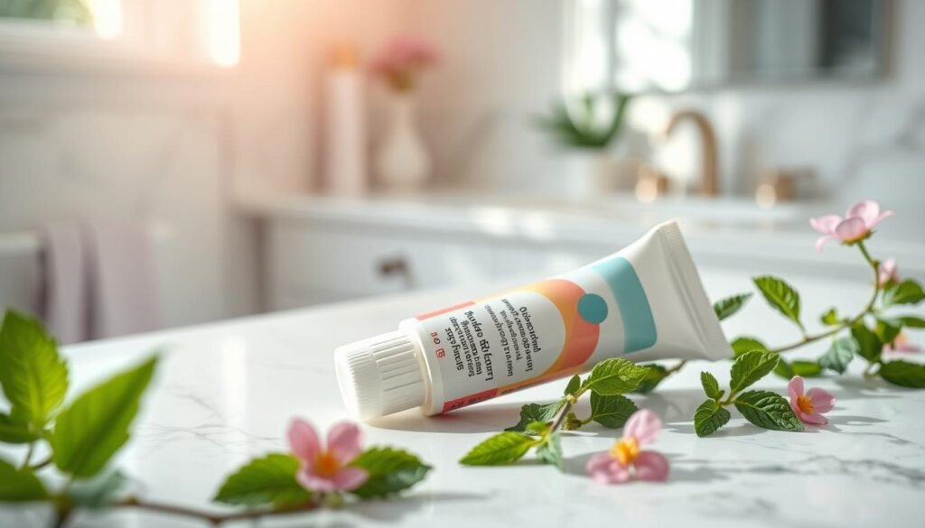 A close-up image of a tube of lip balm sitting elegantly on a white marble countertop. The lip balm is colorful, featuring a vibrant label with soft pastel shades, and is slightly opened to reveal its smooth content. Surrounding the tube are fresh mint leaves and delicate pink flowers, creating a refreshing and soothing atmosphere. In the background, a softly blurred image of a well-lit, airy bathroom vanity adds depth, with gentle natural light streaming in, highlighting the lip balm’s glossy finish. The overall mood is clean, inviting, and promoting self-care, perfect for a beauty-focused article. The angle is straight on, capturing the product in sharp focus while the background remains softly blurred for emphasis. A close-up image of a tube of lip balm sitting elegantly on a white marble countertop. The lip balm is colorful, featuring a vibrant label with soft pastel shades, and is slightly opened to reveal its smooth content. Surrounding the tube are fresh mint leaves and delicate pink flowers, creating a refreshing and soothing atmosphere. In the background, a softly blurred image of a well-lit, airy bathroom vanity adds depth, with gentle natural light streaming in, highlighting the lip balm’s glossy finish. The overall mood is clean, inviting, and promoting self-care, perfect for a beauty-focused article. The angle is straight on, capturing the product in sharp focus while the background remains softly blurred for emphasis.