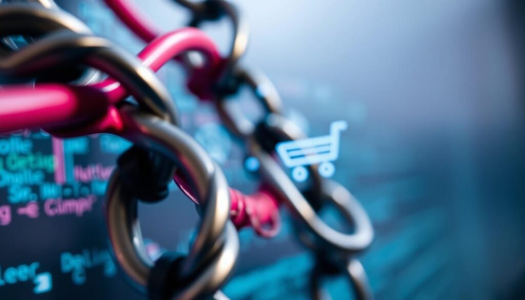A close-up of figurative chains symbolizing hosting restrictions in web design, intertwined with vibrant cables and digital elements. In the foreground, the chains are sharp and detailed, glinting under a soft, focused light, emphasizing their metallic texture. The middle layer features abstract representations of code snippets and e-commerce icons, blurred slightly to create depth. The background shows a soft gradient of blues and greys, representing a digital atmosphere. The overall mood is serious and contemplative, reflecting the challenges and limitations faced before purchasing hosting services. The angle is slightly tilted to evoke a sense of unease about the complexities of web design. No text or watermarks are present in the image. A close-up of figurative chains symbolizing hosting restrictions in web design, intertwined with vibrant cables and digital elements. In the foreground, the chains are sharp and detailed, glinting under a soft, focused light, emphasizing their metallic texture. The middle layer features abstract representations of code snippets and e-commerce icons, blurred slightly to create depth. The background shows a soft gradient of blues and greys, representing a digital atmosphere. The overall mood is serious and contemplative, reflecting the challenges and limitations faced before purchasing hosting services. The angle is slightly tilted to evoke a sense of unease about the complexities of web design. No text or watermarks are present in the image.