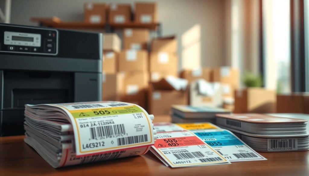 A close-up view of a collection of vibrant shipping labels, showcasing various designs and colors, prominently featuring barcodes and tracking information. In the foreground, a neatly organized stack of completed labels sits on a wooden desk, with a modern shipping label printer visible beside it. The middle layer displays a softly blurred background of an office environment with boxes ready for shipping, conveying a sense of efficient workflow. Natural daylight streams through a nearby window, casting gentle shadows and illuminating the labels' details to create an organized and professional atmosphere. The overall mood is one of productivity and clarity, emphasizing the ease of shipping automation. A close-up view of a collection of vibrant shipping labels, showcasing various designs and colors, prominently featuring barcodes and tracking information. In the foreground, a neatly organized stack of completed labels sits on a wooden desk, with a modern shipping label printer visible beside it. The middle layer displays a softly blurred background of an office environment with boxes ready for shipping, conveying a sense of efficient workflow. Natural daylight streams through a nearby window, casting gentle shadows and illuminating the labels' details to create an organized and professional atmosphere. The overall mood is one of productivity and clarity, emphasizing the ease of shipping automation.