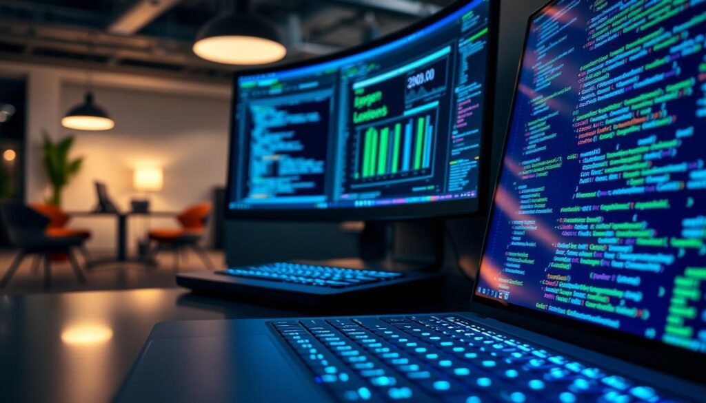 A close-up view of a high-tech digital workspace filled with flowing lines of colorful code on multiple screens, showcasing sophisticated algorithms and AI elements. The foreground features a sleek laptop displaying immersive coding interfaces, with soft blue and green glows illuminating the keys. In the middle, a modern desktop setup is complete with dual monitors, displaying complex data visualizations and sleek icons representing various programming languages. The background consists of a blurred office environment with contemporary furnishings, dimmed lighting to create a focused atmosphere. The overall mood is one of innovation and productivity, reflecting the excitement of developers utilizing advanced AI technologies. A close-up view of a high-tech digital workspace filled with flowing lines of colorful code on multiple screens, showcasing sophisticated algorithms and AI elements. The foreground features a sleek laptop displaying immersive coding interfaces, with soft blue and green glows illuminating the keys. In the middle, a modern desktop setup is complete with dual monitors, displaying complex data visualizations and sleek icons representing various programming languages. The background consists of a blurred office environment with contemporary furnishings, dimmed lighting to create a focused atmosphere. The overall mood is one of innovation and productivity, reflecting the excitement of developers utilizing advanced AI technologies.