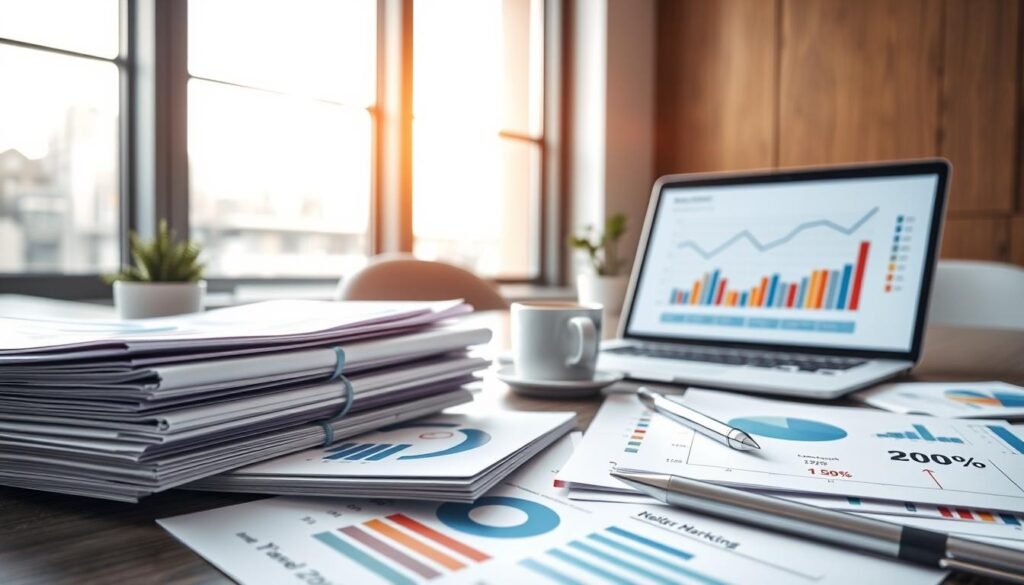 A close-up view of a modern, sleek office workspace featuring a variety of colorful reports and charts. In the foreground, neatly stacked documents showcasing graphs and statistics, with a tablet displaying real-time analytics. The middle section includes an open laptop with a graph trending upward, a cup of coffee, and a sleek pen, conveying a sense of productivity. In the background, a large window with natural light streaming in, casting soft shadows across the desk, creating a warm and inviting atmosphere. The setting is organized and professional, embodying the essence of reporting and support in digital marketing, with a focus on clarity and modern design. The overall mood is one of professionalism, efficiency, and insight. A close-up view of a modern, sleek office workspace featuring a variety of colorful reports and charts. In the foreground, neatly stacked documents showcasing graphs and statistics, with a tablet displaying real-time analytics. The middle section includes an open laptop with a graph trending upward, a cup of coffee, and a sleek pen, conveying a sense of productivity. In the background, a large window with natural light streaming in, casting soft shadows across the desk, creating a warm and inviting atmosphere. The setting is organized and professional, embodying the essence of reporting and support in digital marketing, with a focus on clarity and modern design. The overall mood is one of professionalism, efficiency, and insight.