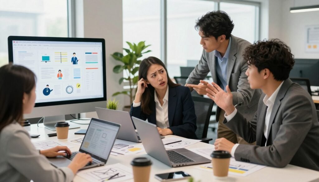 A collaborative workspace environment featuring three diverse professionals—two women and one man, all in business attire—in a modern office setting. The foreground includes a large table cluttered with laptops, design sketches, and coffee cups, suggesting a brainstorming session in progress. In the middle, the three professionals are engaged in an animated discussion, with one pointing at a digital screen displaying a complex web design interface, illustrating frustration and confusion. The background shows a bright, well-lit office with large windows and indoor plants, enhancing the atmosphere of a dynamic creative space. Use warm lighting to convey a sense of urgency and importance. Capture the scene from a slightly elevated angle, emphasizing the professionals’ expressions and the creative tension in the room. A collaborative workspace environment featuring three diverse professionals—two women and one man, all in business attire—in a modern office setting. The foreground includes a large table cluttered with laptops, design sketches, and coffee cups, suggesting a brainstorming session in progress. In the middle, the three professionals are engaged in an animated discussion, with one pointing at a digital screen displaying a complex web design interface, illustrating frustration and confusion. The background shows a bright, well-lit office with large windows and indoor plants, enhancing the atmosphere of a dynamic creative space. Use warm lighting to convey a sense of urgency and importance. Capture the scene from a slightly elevated angle, emphasizing the professionals’ expressions and the creative tension in the room.