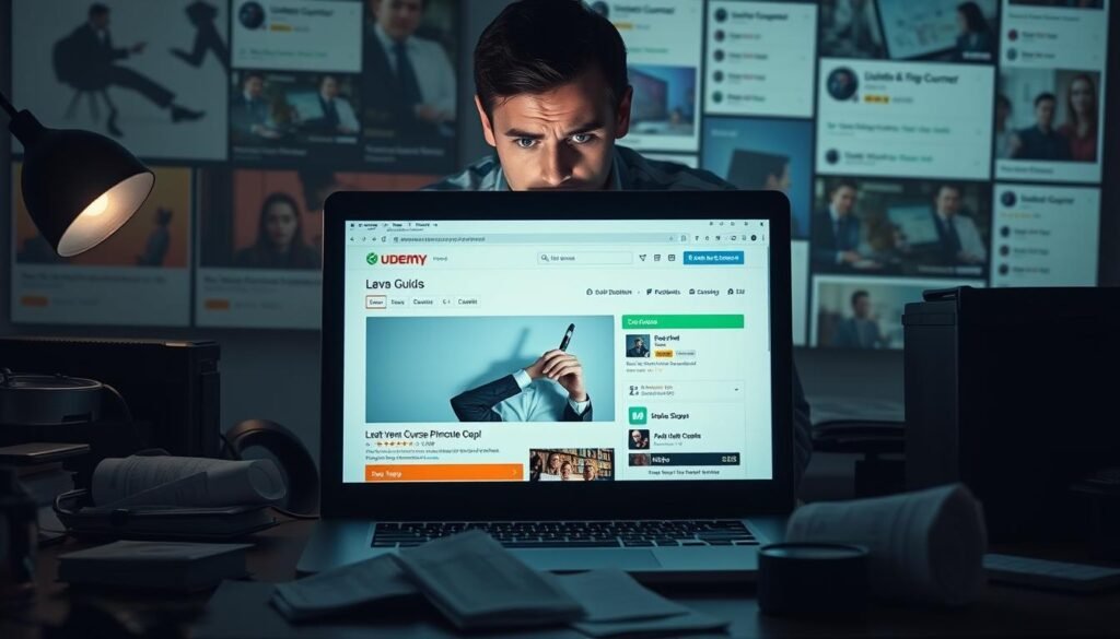 A collage illustrating the disadvantages of Udemy courses, with a thoughtful and critical atmosphere. In the foreground, a desk cluttered with a laptop displaying a low-quality Udemy course page, surrounded by a few cancelled subscription receipts. The middle layer shows a concerned learner in professional attire, looking at the laptop, reflecting their frustration. In the background, faint images of various Udemy course thumbnails, some with low ratings, subtly hinting at the perceived issues. The lighting is dim and moody, focusing on the glowing laptop screen, casting shadows on the learner’s face, emphasizing their expression of doubt and contemplation. The image should evoke a sense of caution and critical evaluation. A collage illustrating the disadvantages of Udemy courses, with a thoughtful and critical atmosphere. In the foreground, a desk cluttered with a laptop displaying a low-quality Udemy course page, surrounded by a few cancelled subscription receipts. The middle layer shows a concerned learner in professional attire, looking at the laptop, reflecting their frustration. In the background, faint images of various Udemy course thumbnails, some with low ratings, subtly hinting at the perceived issues. The lighting is dim and moody, focusing on the glowing laptop screen, casting shadows on the learner’s face, emphasizing their expression of doubt and contemplation. The image should evoke a sense of caution and critical evaluation.