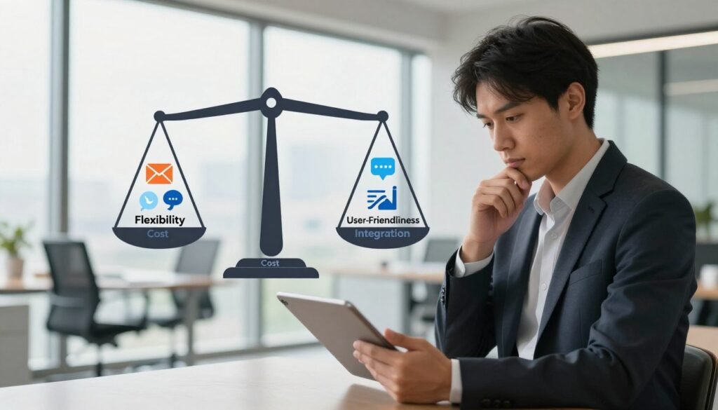 A conceptual illustration depicting the limitations and trade-offs of a marketing platform. In the foreground, a thoughtful business professional in smart attire analyzes data on a sleek digital tablet, surrounded by icons representing various marketing tools (email, social media, analytics). In the middle, a balancing scale shows weights labeled "Flexibility," "Cost," "User-Friendliness," and "Integration," emphasizing the trade-offs. The background features a modern office environment with large windows, allowing natural light to flood in, creating a bright and focused atmosphere. The setting conveys a sense of contemplation and strategy, with soft, warm lighting to enhance the mood of thoughtful decision-making. Use a slightly elevated angle to capture the depth of the scene while maintaining clear visibility of the scales and the professional. A conceptual illustration depicting the limitations and trade-offs of a marketing platform. In the foreground, a thoughtful business professional in smart attire analyzes data on a sleek digital tablet, surrounded by icons representing various marketing tools (email, social media, analytics). In the middle, a balancing scale shows weights labeled "Flexibility," "Cost," "User-Friendliness," and "Integration," emphasizing the trade-offs. The background features a modern office environment with large windows, allowing natural light to flood in, creating a bright and focused atmosphere. The setting conveys a sense of contemplation and strategy, with soft, warm lighting to enhance the mood of thoughtful decision-making. Use a slightly elevated angle to capture the depth of the scene while maintaining clear visibility of the scales and the professional.