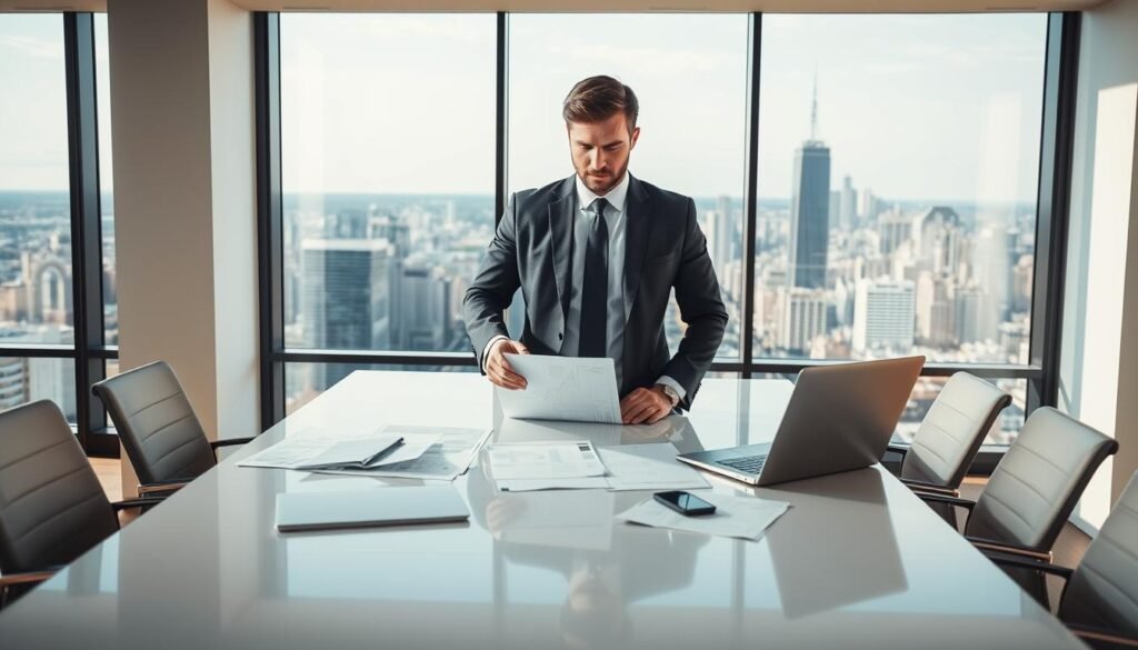 A confident business professional in a tailored suit stands at a sleek conference table, analyzing financial data on a laptop and papers scattered around, representing a clear focus on achieving goals. In the background, a bright window offers a panoramic view of a bustling city skyline, symbolizing the vast opportunities available in the market. Soft, natural lighting illuminates the scene, creating a warm and inviting atmosphere that conveys determination and ambition. The composition is shot from a slightly elevated angle, giving a sense of empowerment. The overall mood is dynamic and optimistic, reflecting the pursuit of success in business investments. A confident business professional in a tailored suit stands at a sleek conference table, analyzing financial data on a laptop and papers scattered around, representing a clear focus on achieving goals. In the background, a bright window offers a panoramic view of a bustling city skyline, symbolizing the vast opportunities available in the market. Soft, natural lighting illuminates the scene, creating a warm and inviting atmosphere that conveys determination and ambition. The composition is shot from a slightly elevated angle, giving a sense of empowerment. The overall mood is dynamic and optimistic, reflecting the pursuit of success in business investments.