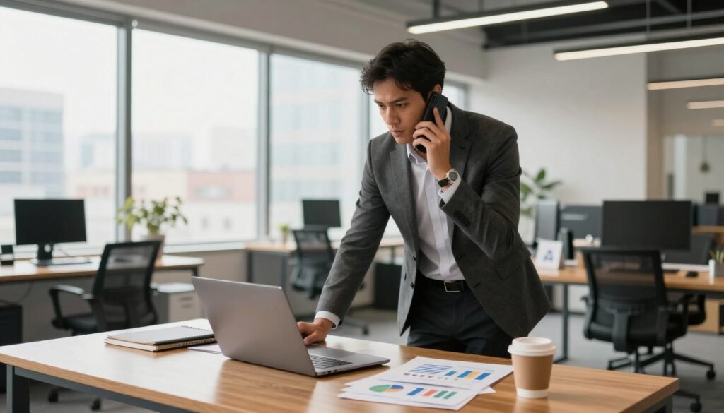 A confident professional, in business attire, stands at a sleek wooden desk cluttered with charts and a laptop, engaged in a conversation over the phone. Their expression is focused and determined. In the background, a bright, modern office space features large windows with city views, indicating a bustling business environment. Soft, natural light illuminates the scene, creating a warm and inviting atmosphere. The foreground showcases tools of the trade, like a notepad and a coffee cup, reflecting an organized yet dynamic workspace. The mood conveys ambition and productivity, emphasizing the ideal user for a sales prospecting platform like Lusha. A wide-angle perspective captures the energy of the setting while keeping the focus on the professional at the desk. A confident professional, in business attire, stands at a sleek wooden desk cluttered with charts and a laptop, engaged in a conversation over the phone. Their expression is focused and determined. In the background, a bright, modern office space features large windows with city views, indicating a bustling business environment. Soft, natural light illuminates the scene, creating a warm and inviting atmosphere. The foreground showcases tools of the trade, like a notepad and a coffee cup, reflecting an organized yet dynamic workspace. The mood conveys ambition and productivity, emphasizing the ideal user for a sales prospecting platform like Lusha. A wide-angle perspective captures the energy of the setting while keeping the focus on the professional at the desk.