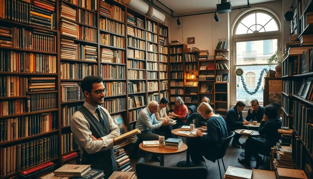 A cozy bookstore interior filled with towering bookshelves showcasing an array of vintage and rare books. In the foreground, a friendly, professional bookseller, dressed in smart casual attire, attentively helps a customer browse through the collection. The middle ground features groups of engaged customers sitting at small tables, discussing books over coffee. Soft, warm lighting creates an inviting atmosphere, while books and literary decor adorn the shelves. In the background, a charming window displays the outside street, hinting at a bustling neighborhood known for its literary culture. The scene radiates trust and community, evoking a sense of reliability and discovery for book lovers. A cozy bookstore interior filled with towering bookshelves showcasing an array of vintage and rare books. In the foreground, a friendly, professional bookseller, dressed in smart casual attire, attentively helps a customer browse through the collection. The middle ground features groups of engaged customers sitting at small tables, discussing books over coffee. Soft, warm lighting creates an inviting atmosphere, while books and literary decor adorn the shelves. In the background, a charming window displays the outside street, hinting at a bustling neighborhood known for its literary culture. The scene radiates trust and community, evoking a sense of reliability and discovery for book lovers.