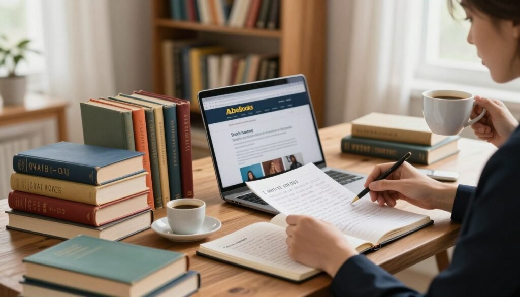 A cozy, inviting home office scene, showcasing a wooden desk cluttered with a colorful assortment of rare books, a laptop displaying the AbeBooks website, and an open notebook filled with handwritten shopping tips. In the foreground, a person dressed in professional business attire, intently reviewing a list of smart shopping strategies while sipping a cup of coffee. The middle ground features a blurred bookshelf stocked with vintage and collectible books, casting a warm atmosphere. In the background, soft natural light filters through a window adorned with sheer curtains, creating a serene yet focused ambiance. The overall mood is one of inspiration and productivity, emphasizing the joy and excitement of smart shopping for unique books. A cozy, inviting home office scene, showcasing a wooden desk cluttered with a colorful assortment of rare books, a laptop displaying the AbeBooks website, and an open notebook filled with handwritten shopping tips. In the foreground, a person dressed in professional business attire, intently reviewing a list of smart shopping strategies while sipping a cup of coffee. The middle ground features a blurred bookshelf stocked with vintage and collectible books, casting a warm atmosphere. In the background, soft natural light filters through a window adorned with sheer curtains, creating a serene yet focused ambiance. The overall mood is one of inspiration and productivity, emphasizing the joy and excitement of smart shopping for unique books.
