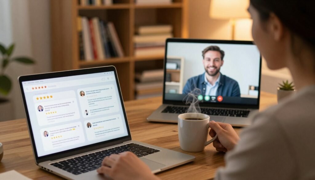A cozy study room setting focused on user reviews and experiences with online tutoring. In the foreground, a laptop displays a montage of glowing reviews with colorful star ratings, and a steaming mug of coffee sits beside it. In the middle ground, a professional-looking individual, dressed in smart casual attire, is engaged in a video tutoring session, showcasing a friendly and approachable demeanor. The background features bookshelves filled with textbooks and educational materials, softly illuminated by warm, ambient lighting that creates an inviting atmosphere. Captured from a slightly elevated angle to emphasize the user’s interaction, the image conveys a sense of productivity and satisfaction in the online learning experience. A cozy study room setting focused on user reviews and experiences with online tutoring. In the foreground, a laptop displays a montage of glowing reviews with colorful star ratings, and a steaming mug of coffee sits beside it. In the middle ground, a professional-looking individual, dressed in smart casual attire, is engaged in a video tutoring session, showcasing a friendly and approachable demeanor. The background features bookshelves filled with textbooks and educational materials, softly illuminated by warm, ambient lighting that creates an inviting atmosphere. Captured from a slightly elevated angle to emphasize the user’s interaction, the image conveys a sense of productivity and satisfaction in the online learning experience.