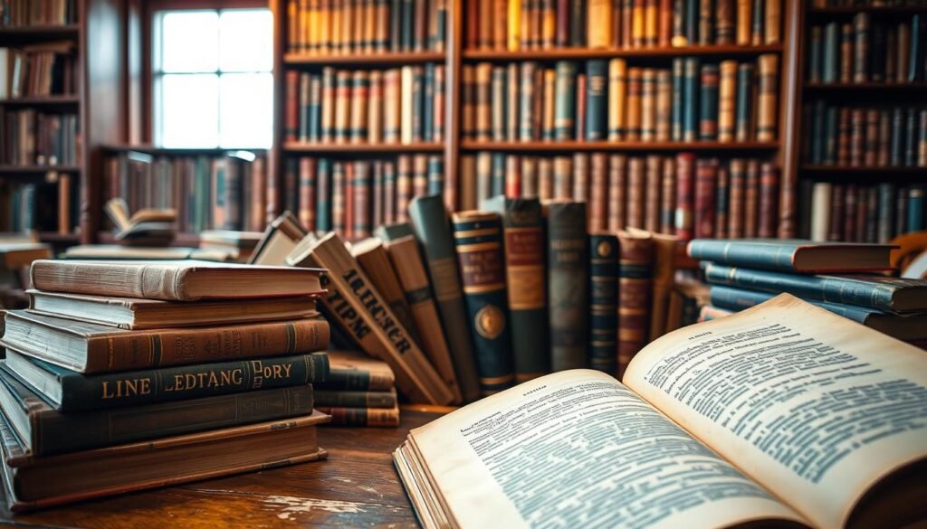 A cozy tableau of used books nestled on an antique wooden table, showcasing a variety of genres and ages. In the foreground, an open, weathered hardcover book reveals yellowed pages, surrounded by a few neatly stacked paperbacks with colorful spines. In the middle, a collection of first editions, some with elegant dust jackets, is displayed alongside a signed copy, its author's signature prominently visible. The background features an inviting bookshelf filled with rich mahogany shelves, bathed in warm, soft lighting that highlights the textures of the leather bindings and the intricate details of the book covers. The atmosphere is serene and nostalgic, evoking the charm of a quaint bookstore. The perspective is slightly angled to create depth, inviting the viewer to explore this literary haven. A cozy tableau of used books nestled on an antique wooden table, showcasing a variety of genres and ages. In the foreground, an open, weathered hardcover book reveals yellowed pages, surrounded by a few neatly stacked paperbacks with colorful spines. In the middle, a collection of first editions, some with elegant dust jackets, is displayed alongside a signed copy, its author's signature prominently visible. The background features an inviting bookshelf filled with rich mahogany shelves, bathed in warm, soft lighting that highlights the textures of the leather bindings and the intricate details of the book covers. The atmosphere is serene and nostalgic, evoking the charm of a quaint bookstore. The perspective is slightly angled to create depth, inviting the viewer to explore this literary haven.