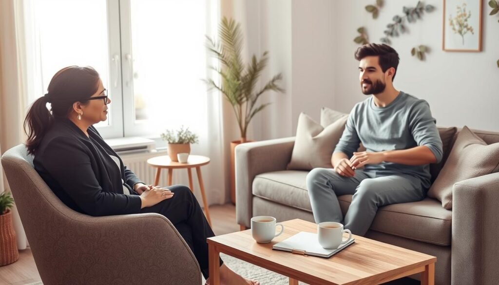 A cozy therapy session in a bright, inviting room. In the foreground, a professional therapist, a middle-aged South Asian woman in a smart, modest outfit, sits in a comfortable chair, attentively listening to a client. The client, a young Caucasian man in casual, neat clothing, sits across from her on a plush couch, expressing emotions with a thoughtful demeanor. In the middle ground, a small coffee table holds a notepad and two cups of tea, fostering a warm, welcoming atmosphere. The background features soft, natural light streaming in from a large window, framed by calming nature-inspired decor. The overall mood is tranquil and supportive, encapsulating the essence of a productive and encouraging online therapy session. A cozy therapy session in a bright, inviting room. In the foreground, a professional therapist, a middle-aged South Asian woman in a smart, modest outfit, sits in a comfortable chair, attentively listening to a client. The client, a young Caucasian man in casual, neat clothing, sits across from her on a plush couch, expressing emotions with a thoughtful demeanor. In the middle ground, a small coffee table holds a notepad and two cups of tea, fostering a warm, welcoming atmosphere. The background features soft, natural light streaming in from a large window, framed by calming nature-inspired decor. The overall mood is tranquil and supportive, encapsulating the essence of a productive and encouraging online therapy session.