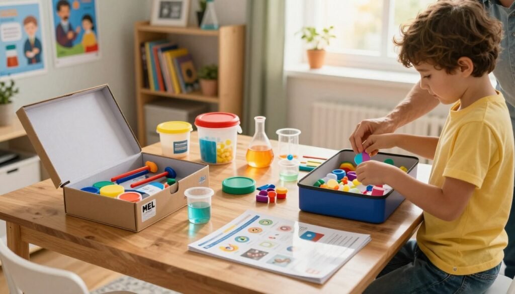 A cozy, well-lit room features a child and a parent eagerly unpacking a MEL Science kit on a wooden table. The foreground shows the child, dressed in a bright t-shirt and jeans, carefully pulling out colorful experiment materials from an open box filled with scientific tools and safety gear. In the middle, the table has a vibrant array of containers, chemicals, and instruction manuals neatly laid out, reflecting excitement and curiosity. The background reveals a shelf lined with science books and posters of famous scientists, enhancing the educational atmosphere. Soft sunlight filters through a window, creating a warm and inviting glow, as the mood conveys discovery and engagement in hands-on learning. The shot has a slight top-down angle to capture all elements in the scene, emphasizing the joy of exploration and knowledge. A cozy, well-lit room features a child and a parent eagerly unpacking a MEL Science kit on a wooden table. The foreground shows the child, dressed in a bright t-shirt and jeans, carefully pulling out colorful experiment materials from an open box filled with scientific tools and safety gear. In the middle, the table has a vibrant array of containers, chemicals, and instruction manuals neatly laid out, reflecting excitement and curiosity. The background reveals a shelf lined with science books and posters of famous scientists, enhancing the educational atmosphere. Soft sunlight filters through a window, creating a warm and inviting glow, as the mood conveys discovery and engagement in hands-on learning. The shot has a slight top-down angle to capture all elements in the scene, emphasizing the joy of exploration and knowledge.