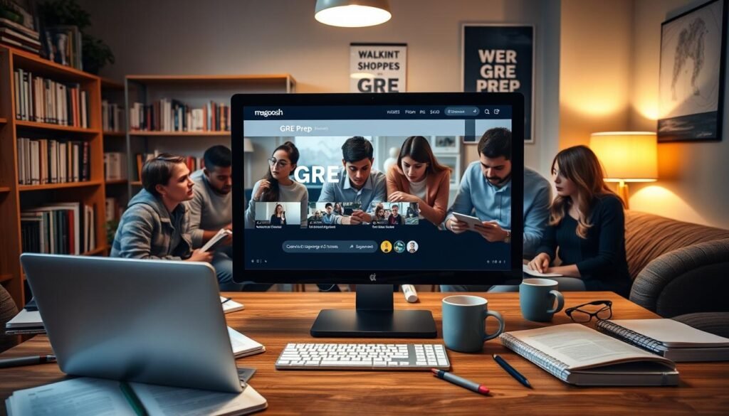 A cozy, well-lit study environment showcasing a computer screen displaying Magoosh GRE Prep videos, with a diverse group of focused students in casual and professional attire engaging with the material. The foreground features a laptop on a wooden desk, surrounded by study materials like notebooks, highlighters, and coffee mugs. In the middle, students are actively taking notes or discussing strategies, enhancing the collaborative learning atmosphere. The background includes bookshelves filled with educational resources and a motivational poster on the wall. Soft, warm lighting creates an inviting mood, emphasizing a productive and encouraging space for exam preparation. Capture this scene from a slightly elevated angle to provide a comprehensive view of the study setting, ensuring clarity and focus on the learning experience. A cozy, well-lit study environment showcasing a computer screen displaying Magoosh GRE Prep videos, with a diverse group of focused students in casual and professional attire engaging with the material. The foreground features a laptop on a wooden desk, surrounded by study materials like notebooks, highlighters, and coffee mugs. In the middle, students are actively taking notes or discussing strategies, enhancing the collaborative learning atmosphere. The background includes bookshelves filled with educational resources and a motivational poster on the wall. Soft, warm lighting creates an inviting mood, emphasizing a productive and encouraging space for exam preparation. Capture this scene from a slightly elevated angle to provide a comprehensive view of the study setting, ensuring clarity and focus on the learning experience.