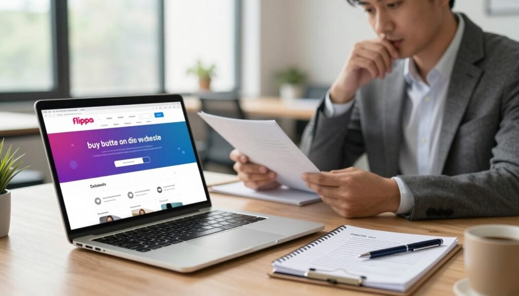 A detailed and visually engaging step-by-step guide to buying a website on Flippa. In the foreground, a professional-looking laptop sits open, displaying a vibrant Flippa marketplace webpage, showcasing various websites for sale. Beside it, a notepad with bullet points detailing buying considerations. In the middle ground, a business professional, dressed in smart casual attire, is thoughtfully examining documents and notes, deep in concentration. The background features a modern office setting with natural light streaming through large windows, creating a productive atmosphere. The overall mood is focused and optimistic, capturing the excitement and careful deliberation involved in the process of purchasing a website. The image should have a soft focus on the background, with warm, inviting lighting to enhance the feeling of possibility and professionalism. A detailed and visually engaging step-by-step guide to buying a website on Flippa. In the foreground, a professional-looking laptop sits open, displaying a vibrant Flippa marketplace webpage, showcasing various websites for sale. Beside it, a notepad with bullet points detailing buying considerations. In the middle ground, a business professional, dressed in smart casual attire, is thoughtfully examining documents and notes, deep in concentration. The background features a modern office setting with natural light streaming through large windows, creating a productive atmosphere. The overall mood is focused and optimistic, capturing the excitement and careful deliberation involved in the process of purchasing a website. The image should have a soft focus on the background, with warm, inviting lighting to enhance the feeling of possibility and professionalism.