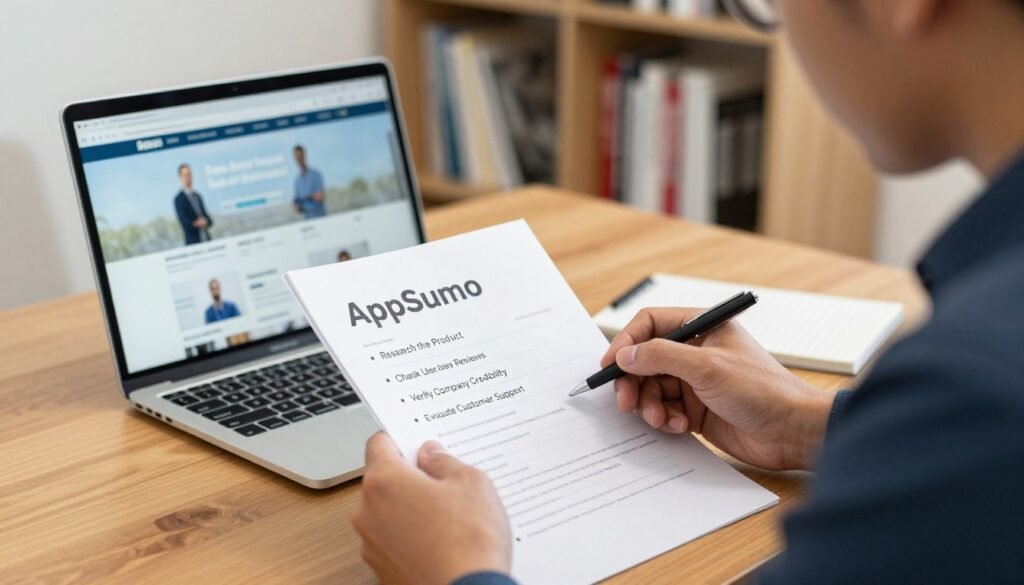 A detailed checklist being reviewed on a wooden desk, featuring bullet points such as “Research the Product”, “Check User Reviews”, “Verify Company Credibility”, and “Evaluate Customer Support”. In the foreground, a professional-looking individual in smart casual attire, focused and analyzing the checklist, with a soft light illuminating their face. In the middle ground, a sleek laptop displaying an AppSumo webpage with attractive deals visible. In the background, a softly blurred bookshelf filled with business books, maintaining a warm and inviting office atmosphere. The overall mood is one of diligence and professionalism, captured with natural daylight, ensuring a clear and crisp image. A detailed checklist being reviewed on a wooden desk, featuring bullet points such as “Research the Product”, “Check User Reviews”, “Verify Company Credibility”, and “Evaluate Customer Support”. In the foreground, a professional-looking individual in smart casual attire, focused and analyzing the checklist, with a soft light illuminating their face. In the middle ground, a sleek laptop displaying an AppSumo webpage with attractive deals visible. In the background, a softly blurred bookshelf filled with business books, maintaining a warm and inviting office atmosphere. The overall mood is one of diligence and professionalism, captured with natural daylight, ensuring a clear and crisp image.