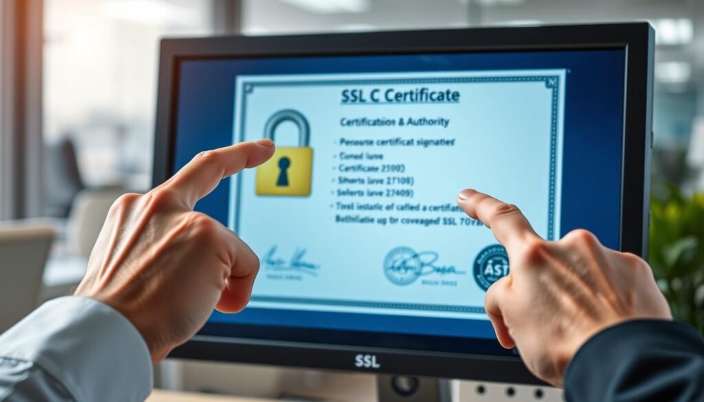 A detailed close-up of a computer screen displaying an SSL certificate, featuring a prominent padlock symbol, digital signatures, and a certificate authority logo, all set against a blurred office background. In the foreground, a pair of hands wearing business attire, confidently pointing at the screen to emphasize the importance of SSL verification and coverage. The lighting is bright and focused, highlighting the certificate's intricate details, with a soft bokeh effect in the background suggesting a professional atmosphere. The mood is informative and authoritative, perfect for a tech-savvy audience interested in SSL certificates. A detailed close-up of a computer screen displaying an SSL certificate, featuring a prominent padlock symbol, digital signatures, and a certificate authority logo, all set against a blurred office background. In the foreground, a pair of hands wearing business attire, confidently pointing at the screen to emphasize the importance of SSL verification and coverage. The lighting is bright and focused, highlighting the certificate's intricate details, with a soft bokeh effect in the background suggesting a professional atmosphere. The mood is informative and authoritative, perfect for a tech-savvy audience interested in SSL certificates.
