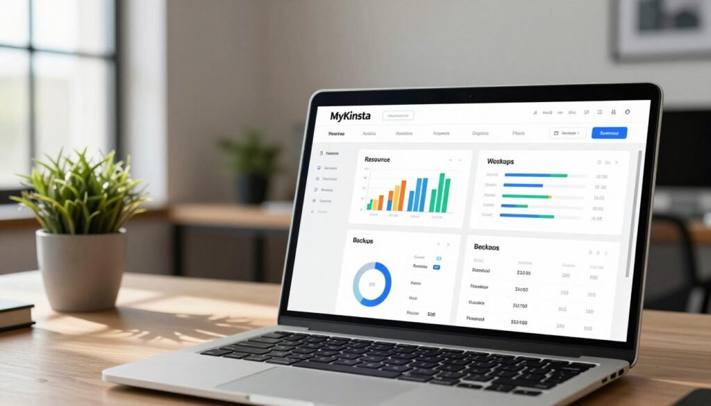 A detailed view of the MyKinsta dashboard, featuring an organized layout with vibrant graphs and analytics panels, displaying performance metrics for a WordPress website. In the foreground, a sleek laptop with a high-resolution screen shows various sections of the dashboard, including resource usage, backups, and site management tools. The middle ground includes a stylish office workspace with soft, natural lighting coming from a nearby window, casting gentle shadows. A potted plant adds a touch of green. In the background, a modern office environment is visible, featuring subtle tech decor. The atmosphere is professional and inspiring, capturing a sense of efficiency and control in website management. The composition is shot at eye level, emphasizing the dashboard's clarity and user-friendly design. A detailed view of the MyKinsta dashboard, featuring an organized layout with vibrant graphs and analytics panels, displaying performance metrics for a WordPress website. In the foreground, a sleek laptop with a high-resolution screen shows various sections of the dashboard, including resource usage, backups, and site management tools. The middle ground includes a stylish office workspace with soft, natural lighting coming from a nearby window, casting gentle shadows. A potted plant adds a touch of green. In the background, a modern office environment is visible, featuring subtle tech decor. The atmosphere is professional and inspiring, capturing a sense of efficiency and control in website management. The composition is shot at eye level, emphasizing the dashboard's clarity and user-friendly design.