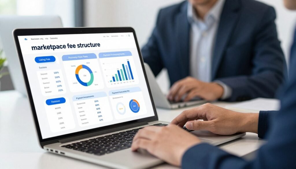 A detailed visual representation of a "marketplace fee structure" for an article on website buying and selling. In the foreground, illustrate a sleek digital dashboard displaying various fee categories, such as listing fees, success fees, and payment processing charges, all in crisp, modern graphics. In the middle ground, depict a business professional in smart casual attire, intently analyzing the dashboard on a laptop, ensuring a focus on the figures and charts. The background should feature a faint office setting, with blurred details of a contemporary workspace, complementing the tech-driven theme. Use bright, clear lighting to create an engaging and informative atmosphere, evoking a sense of precision and professionalism in the marketplace environment. A detailed visual representation of a "marketplace fee structure" for an article on website buying and selling. In the foreground, illustrate a sleek digital dashboard displaying various fee categories, such as listing fees, success fees, and payment processing charges, all in crisp, modern graphics. In the middle ground, depict a business professional in smart casual attire, intently analyzing the dashboard on a laptop, ensuring a focus on the figures and charts. The background should feature a faint office setting, with blurred details of a contemporary workspace, complementing the tech-driven theme. Use bright, clear lighting to create an engaging and informative atmosphere, evoking a sense of precision and professionalism in the marketplace environment.